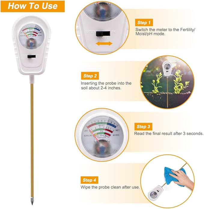 Soil Test Kit 3-in-1, Soil Moisture Meter, Soil PH Meter, Fertility Soil Tester, Soil Tester for Garden, Lawn, Farm, Outdoor & Indoor Use (Milky White)