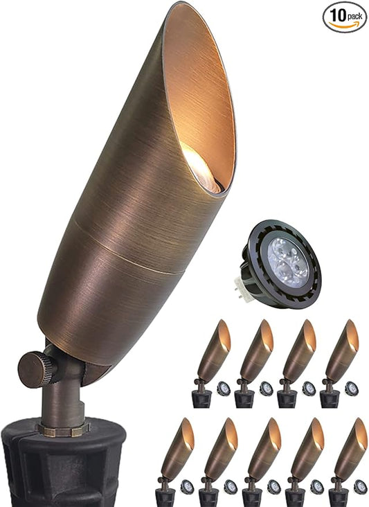 MALORY Solid Brass Landscape Spotlight 10-Pack with Bulb(S06), Low Voltage Front and Backyard Landscape Lighting with Large Rugged Slot Spike & Wire Connector,12V AC/DC Garden Patio Spot Up Light