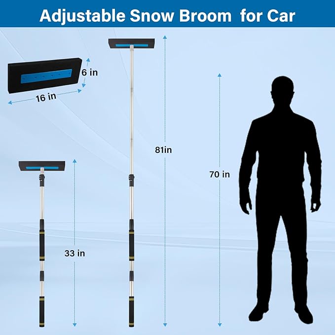 Snow Broom for Car, 33" to 81" Snow Brush for SUV Truck Car Windshield No-Scratch Snow Removal Telescopic Extension Pole with Push/Pull Foam Head with Comfort Foam Handle