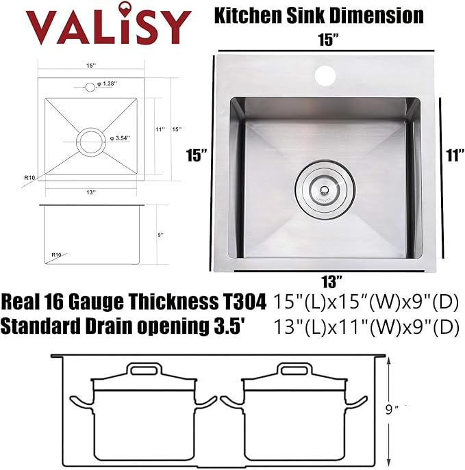 15x15 Inch Bar Sink Drop In, Topmount Kitchen Sink Stainless Steel Square Small Sinks, Single Bowl Kitchen Sinks for Laundry Wet Bar Prep RV Office Outdoor Yard