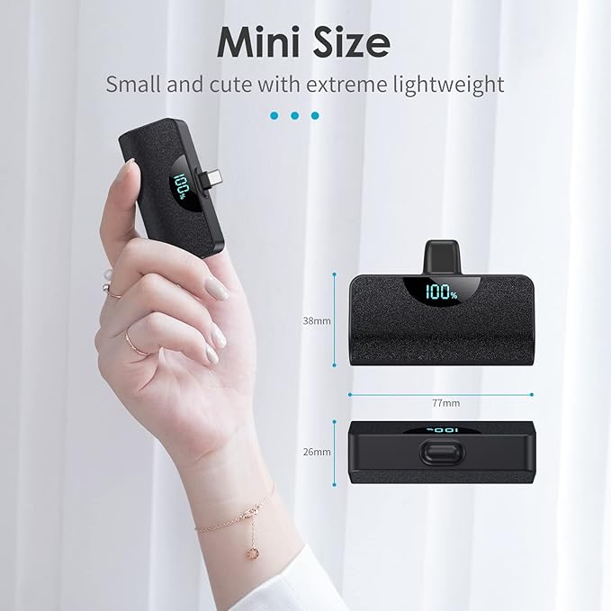 Mini Portable Charger USB-C Power Bank 5200mAh,Ultra Compact LCD Display Battery Pack Backup Charger Compatible with iPhone 16/16 Plus/16 Pro/16 Pro Max/15 Series,Samsung S22/S23, Android Phones etc