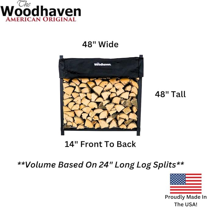 Woodhaven Black 4 Foot - Heavy Duty Made In USA - Indoor Outdoor - 1/4 Cord Firewood Storage Log Rack With Seasoning Cover Combo Set - Metal Log Storage - 48” x 48”