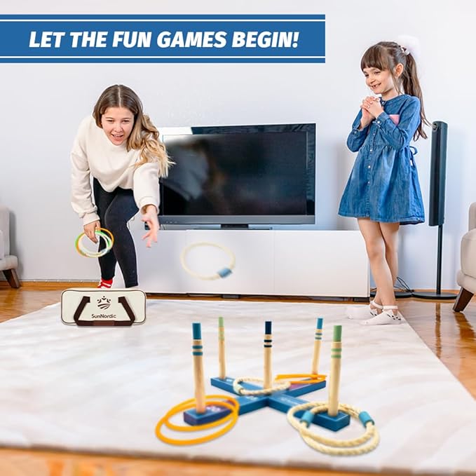 Wooden Ring Toss Game Set, Backyard Beach Camping Game with Toss Rings & Portable Carrying Bag, Outdoor Lawn & Yard Games for Kids, Adults & Family