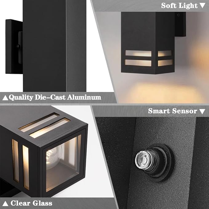 SHIMR Dusk to Dawn Outdoor Lighting 2 Pack, Modern Exterior Lighting Fixtures Wall Mount ETL Listed, Aluminum Anti-Rust Outdoor Sconce Up and Down Outside Lights for House Porch, LED Bulbs Include