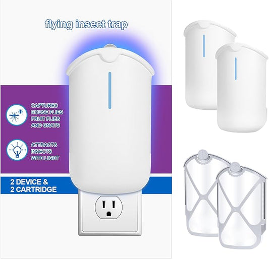 2 Flying Insect Traps & 2 Cartridges - Compatible with ZEVOM364A Refill - Plug in Fruit Fly Trap for Indoor - Bug Catcher for Gnats, House & Fruit Flies - Use in Any Room (2 Device & 2 Cartridges)