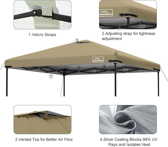 KAMPKEEPER Replacement Top Pop Up Canopy Tent Cover Roof with Air Vent and Adjustable Elastic Strap, Polyester UV Waterproof for Outdoor Garden Patio Sun Shade(Top Only) (Khaki, 10x10FT)