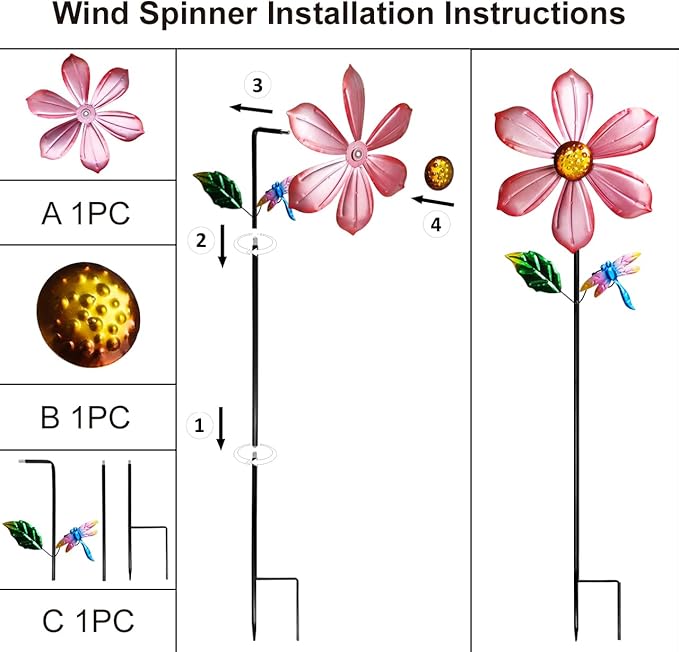 Metal Outdoor Flower Wind Spinner with Pink Floral & Gold Dragonfly, Decorative Kinetic Wind Sculpture for Yard, Garden, Patio, Lawn - Vibran Garden Art & Lawn Ornament for Outdoor Decor