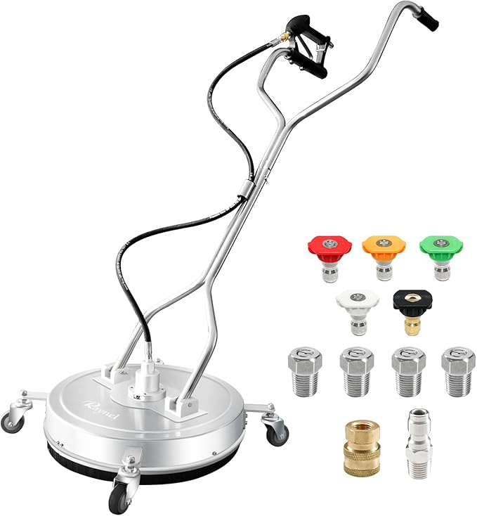 RAYNEL 20'' Pressure Washer Surface Cleaner with 4 Wheels, Dual Handle, Stainless Steel Housing, 2 Hose Adapters, 4 Replacement Nozzles