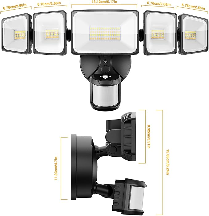 Onforu 55W Smart LED Security Lights Motion Sensor Outdoor 5 Heads, 340° Illumination WiFi Alexa Flood Light 5500LM APP Control, 2500K-6500K Exterior Motion Detector, IP65 Wall Light for Yard, Balck