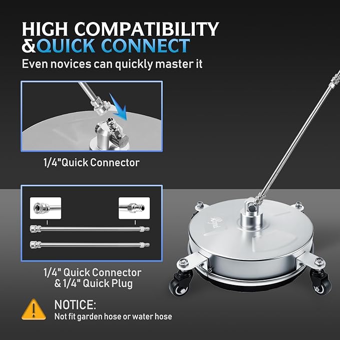 RAYNEL 14'' Pressure Washer Surface Cleaner with 4 Wheels, Stainless Steel Housing, 1/4" Quick Plug, 2 Extended Wands, 2 Replacement Nozzles