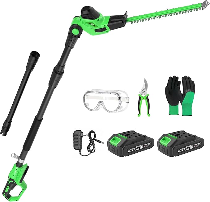 SOYUS Pole Hedge Trimmer Cordless, 18-inch Electric Hedge Trimmer with Extension Pole, 16-Foot Max Reach, Multi-Angle, 2 * 2.0Ah Batteries and Charger Included