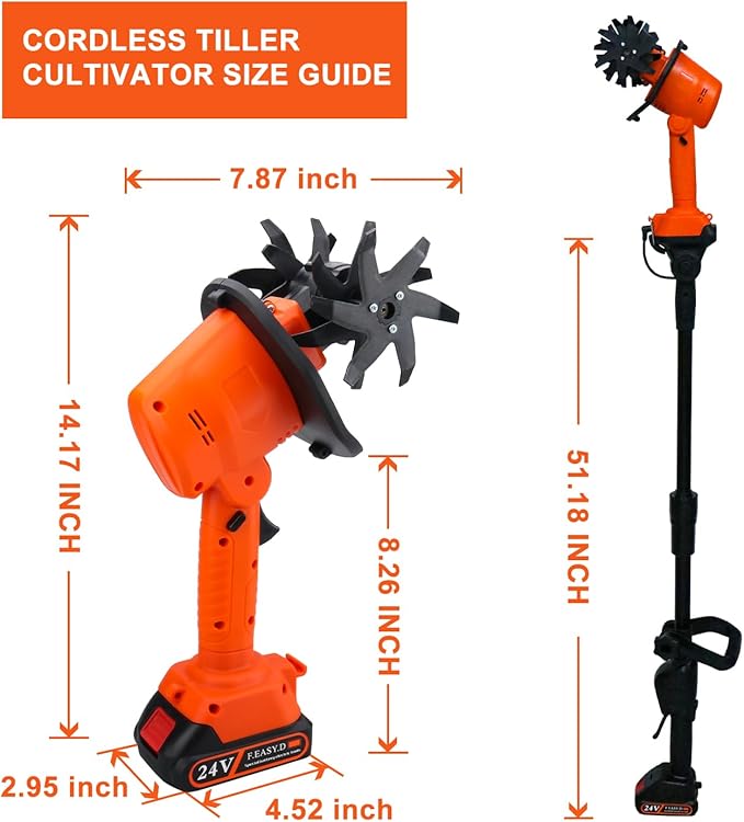 24V Cordless Tiller Cultivator, 4-Inch Tilling Width and Depth, Handheld with Extension Rod, 235 RPM Electric Garden Tiller, Lightweight 1.2kg Body, 2 × 1.5Ah Batteries & Charger (24V - Orange)