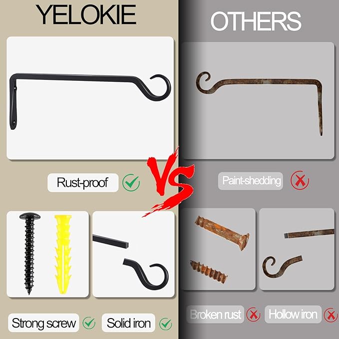 2 Pack Premium Forged Wall Hook, Sturdy Hanging Plant Bracket, Elegant Hook for Bird Feeders, Planters, Lanterns, Wind Chimes Indoor Outdoor, Upgrade Black, 12 Inch