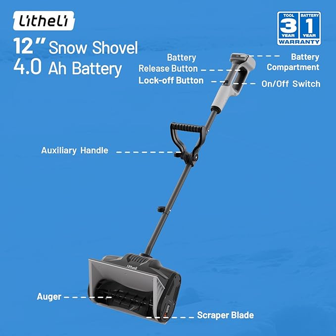 Litheli Cordless Snow Shovel, 20V 12'' Brushless Electric Snow Blower for Driveway, Battery Powered Snow Thrower, 4.0Ah Battery Included