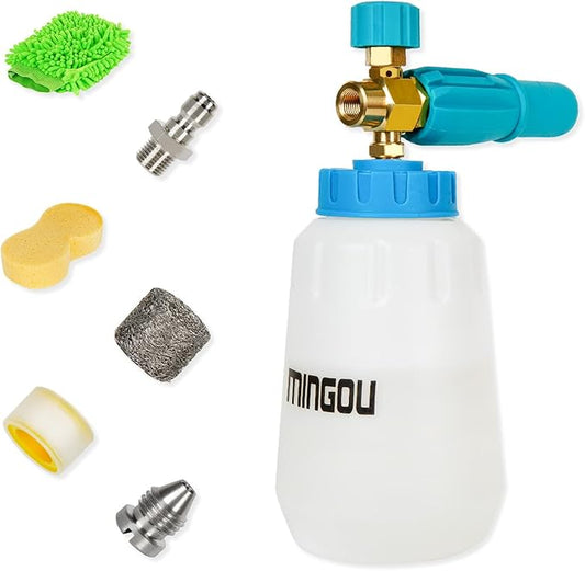 MINGOU Foam Cannon for Pressure Washer Soap Dispenser Snow Foam Cannon Car Wash with 1/4" Quick Connector,1L Bottle, Additional 1.15 mm Orifice Nozzle(Blue)