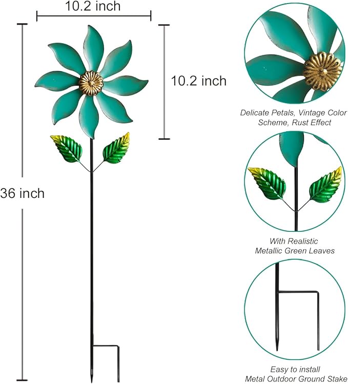 Metal Wind Spinners for Outdoor Decor - 35inch Tall Kinetic Wind Sculptures with 10inch Diameter, Durable Yard Art for Garden, Patio, Lawn - Weather-Resistant Garden Pinwheels in Vibrant Cyan