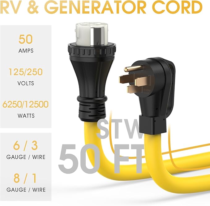 TOOLIOM 50 Amp Generator Cord, NEMA 14-50P/SS2-50R Twist Lock 50 AMP for RV, 125/250V 12500W 6/3+8/1 AWG STW Generator Extension Cord, ETL Listed (50FT)