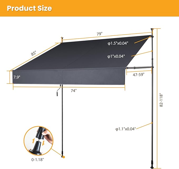 HOMEDEMO Manual Retractable Awning 79" W x 118" H,Side Bar 47-59in Patio Awning Retractable Outdoor Sunshade Shelter Height Adjustable Sunsetter Retractable Awning UV Protection for Backyard Garden