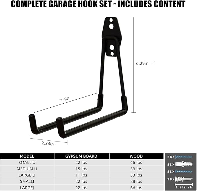 Garage Hooks, 4 Pack Large Square Wall Hooks for Hanging Heavy Duty Ladders, Bikes, Tools Ideal for Garage, Garden, Basement Utility Room Storage (Black)