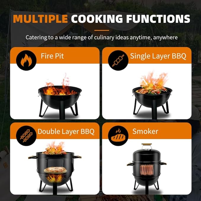 17 Inch Full enameled Multi -purpose Smoke BBQ Table-top barbecue grill Adjustable Temperature Vertical Heavy Duty Firepit and Pizza oven in yard double cooking area