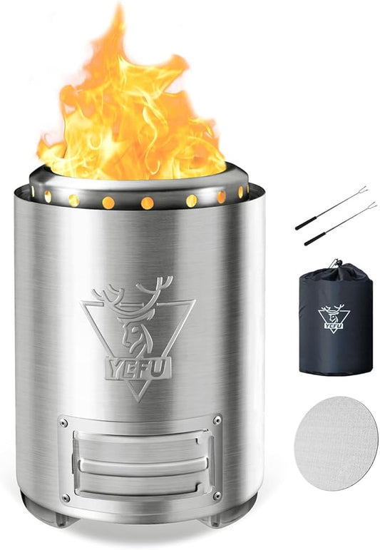 YEFU Tabletop Fire Pit 9.7 x 7.1 in, Flame Intensity Control Camping Stove for Outdoor & Patio, Fueled by Pellets or Wood, Safe Burning Table Top Firepit, with Travel Bag & 2 Mini Sticks, Silver