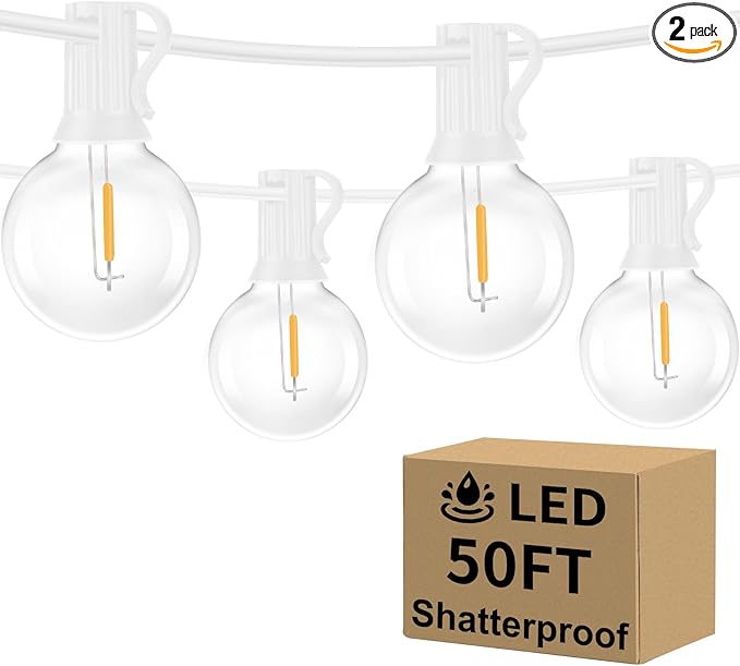 Outdoor G40 LED Globe String Lights 50FT Dimmable Shatterproof Waterproof Patio Lights with 25+2 Bulbs Connectable Commercial Hanging Light for Patio Balcony Backyard Party (White Wire)