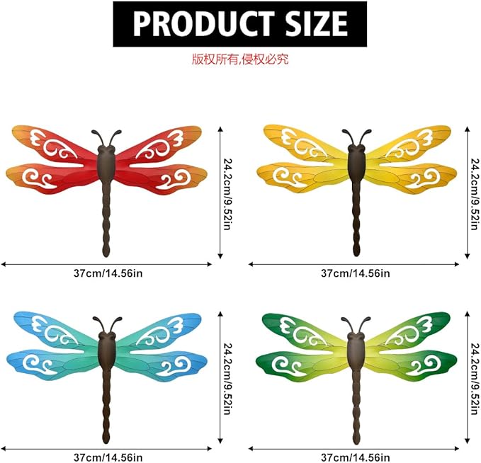 Metal Dragonfly Wall Decor, 4 Pack 14inch Metal Dragonfly Wall Hanging Sculpture Decor for Outdoor, Yard Patio Fence Garden Outside Decorations
