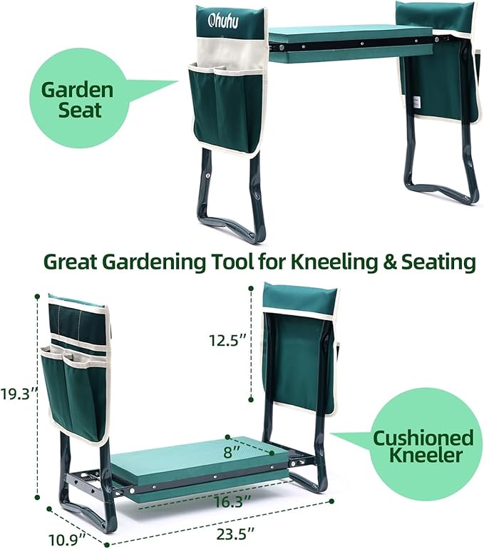Ohuhu Garden Kneeler and Seat Heavy Duty, Upgraded Gardening Stool with Thicker and Wider EVA Foam Kneeling Pad Foldable Garden Bench with 2 Large Tools Pouches, Ideal Gardening Gifts for Women Men