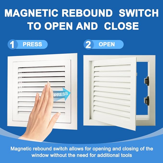 11.65 x 11.65 inch - Access Doors - Access Panel for Drywall with Push-Button Switch - Access Panel with Vent - Aluminum Alloy - White - Good Ventilation - Inside Dimensions: 10 x 10 inch