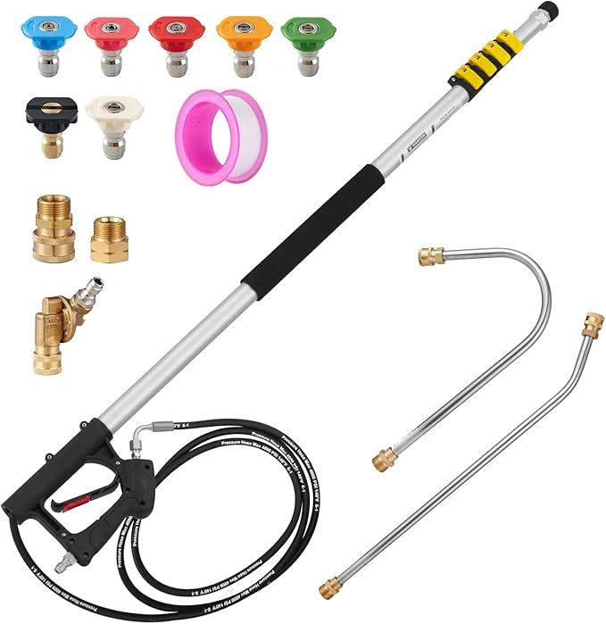 22 FT Telescoping Pressure Washer Wand with Power Washer Extension Wand, Gutter Cleaner Attachment, 5 Spray Nozzle Tips and 2 Hose Inlet Adapters