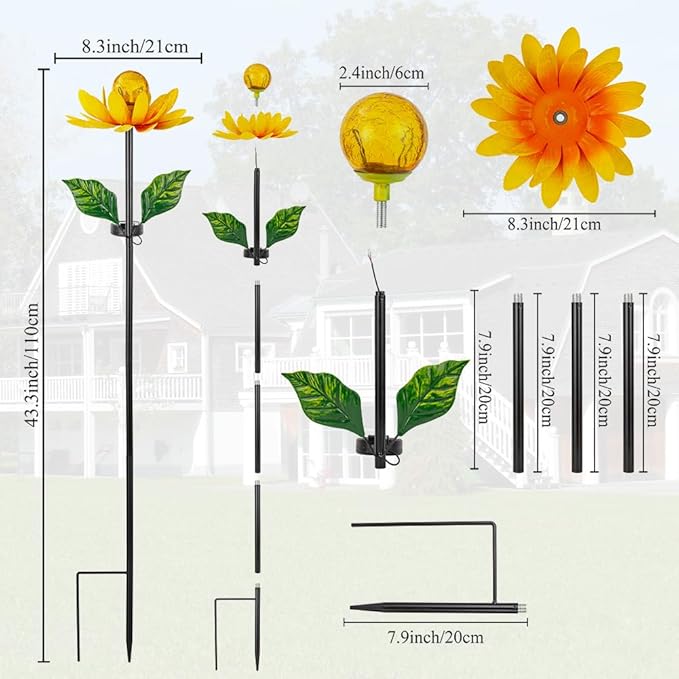 Solar Flowers Wind Spinners Outdoor,Sunflower Windmill for Yard Art Decor Lights Wind Pinwheels with LED Crystal Ball Spring Outdoor Decor for Garden Lawn Patio
