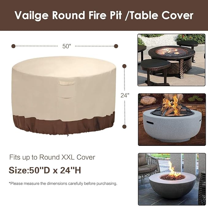 Vailge Fire Pit Cover Round,100% Waterproof Round Patio Fire Bowl Cover,Outdoor Heavy Duty Gas Firepit Table Covers with Air Vent and Handle