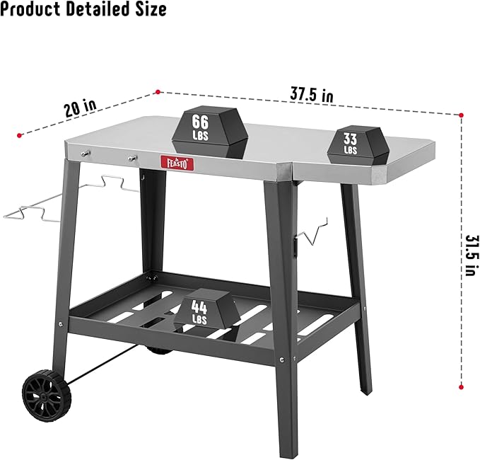 Outdoor Grill Cart, Pizza Oven Table with Wheels, Stainless Steel Countertop with Foldable Extension Table, Versatile Food Prep Grill Cart for Outdoor BBQ Cooking Gathering
