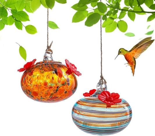 2pcs Small Blown Glass Hummingbird Feeders for Outdoors Hanging Glass Humming Bird Feeders for Window Patio Decor with 2 Flower Feeding Ports