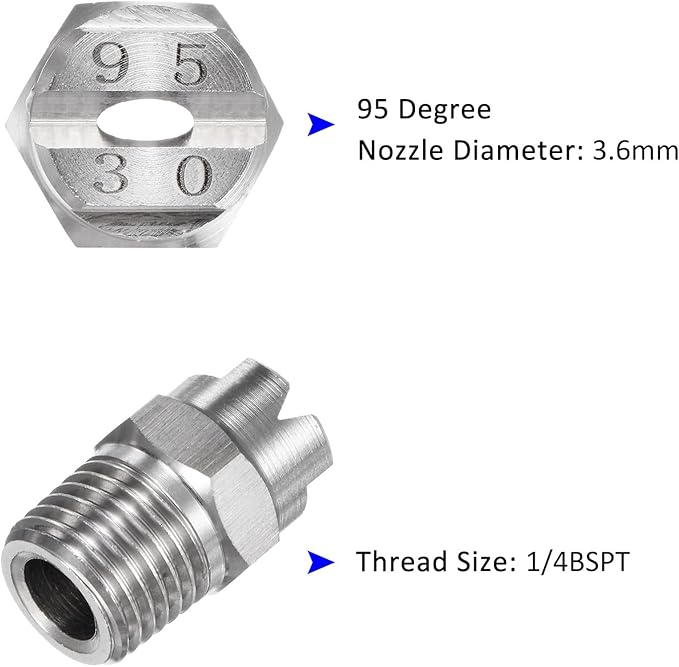 2-Pack Flat Fan Spray Tip, 95 Degree 1/4BSPT Male Stainless Steel Pressure Washer Nozzles Cleaner Nozzle Replacement W Sealing Tape for Water Guns (3.6mm Orifice)
