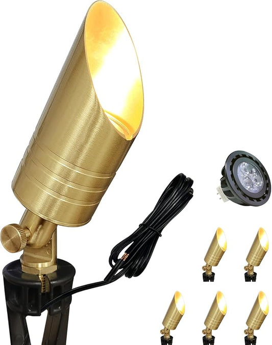 MALORY Brass Landscape Spotlight,12V AC/DC Low Voltage LED Landscape Lighting,Waterproof Spot Up Light for Garden,Patio and Yard (6-Pack with Bulb)