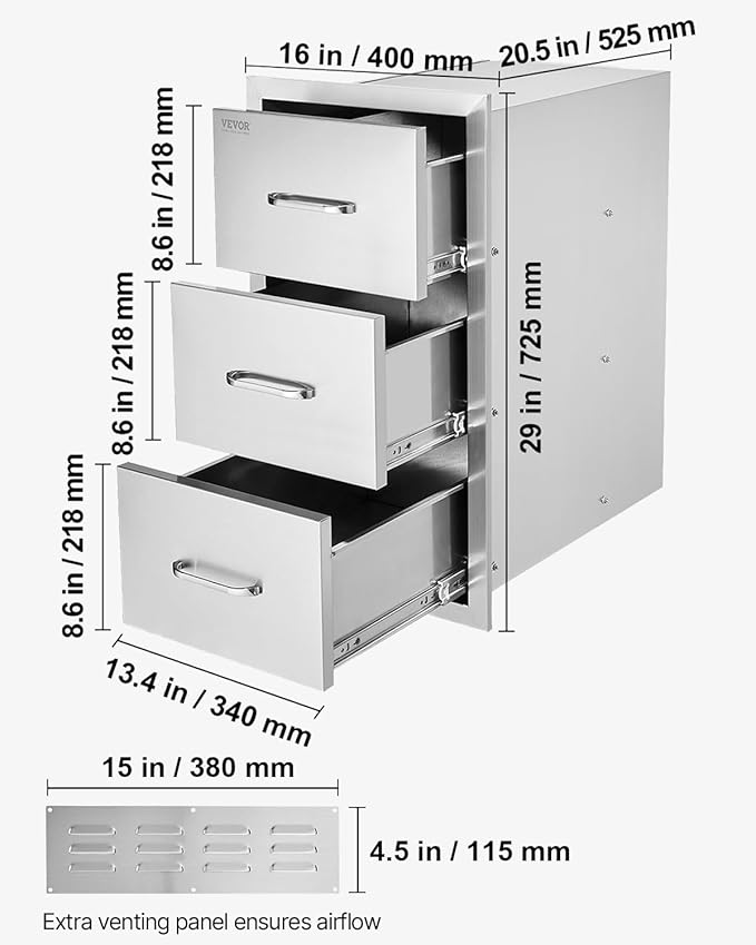 VEVOR Outdoor Kitchen Drawers 16" W x 28.5" H x 20.5" D, Flush Mount Triple Access BBQ Drawers with Stainless Steel Handle, BBQ Island Drawers for Outdoor Kitchens or BBQ Island Patio Grill Station