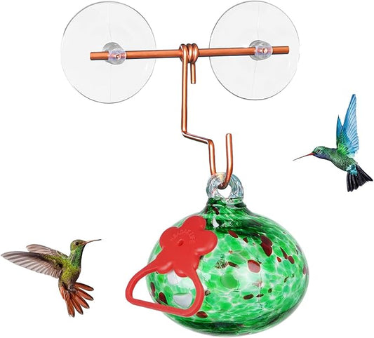 Window Hummingbird Feeder with Suction Cups,Hand-Blown Glass Hummingbird Feeders for Outdoors Window Mounted with Metal Hook,Close Bird Watching,Finch in Garden,Yard(Green)
