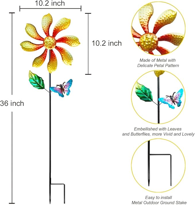 Metal Outdoor Flower Wind Spinner with Yellow Floral & Blue Butterfly, Decorative Kinetic Wind Sculpture for Yard, Garden, Patio, Lawn - Vibrant Garden Art & Lawn Ornament for Outdoor Decor