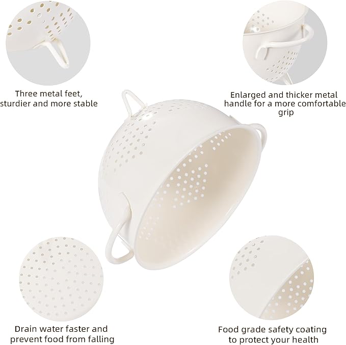 Metal Colander 5 Quart Powder Coated Self-draining Metal Strainer with Base,Kitchen Pasta Fruit Vegetable Basket with Double Handles (Cream)