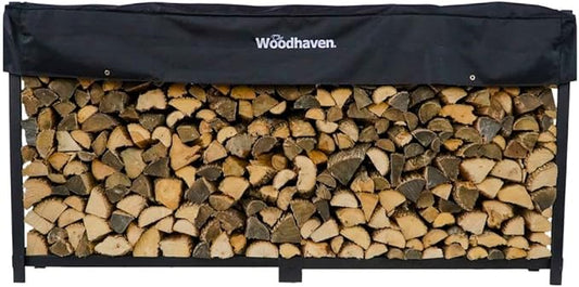 Woodhaven 8 Foot 1/2 Cord Firewood Log Rack With Optional Cover - Made In USA - Outdoor Use Lifetime Structural Warranty - Black Texture Powder Coat Finish - Made With Heavy Duty Steel
