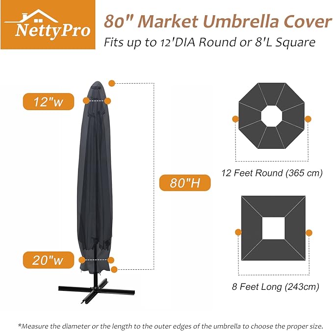 NettyPro Patio Umbrella Cover Outdoor Waterproof Market Umbrella Parasol Cover Fits 10ft to 12ft, Black