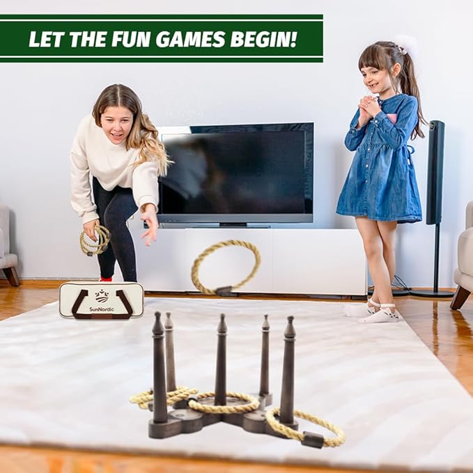 Wooden Ring Toss Game Set, Backyard Beach Camping Game with Toss Rings & Portable Carrying Bag, Outdoor Lawn & Yard Games for Kids, Adults & Family