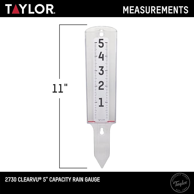 Taylor 2730 ClearVu Rain Gauge with Post Mounting Bracket, Measure and Monitor Precipitation, Easy to Read for Backyard, Patio, Garden, and Lawn, 5-inch, Clear