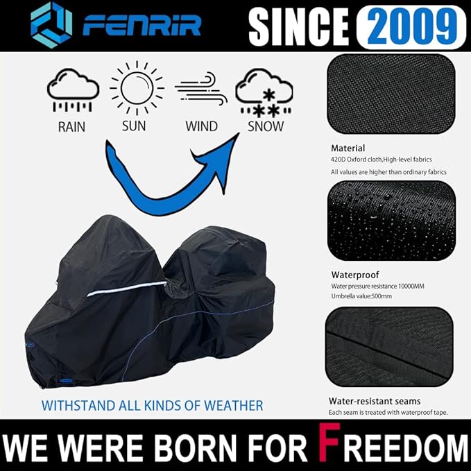FENRIR 111" Trike Motorcycle Cover Waterproof Outdoor Storage Exhaust Pipe Anti-Scalding Antenna Hole Compatible with Harley Davidson Freewheeler TRI Glide Ultra Road Glide3 Trike Goldwing Roadmaster