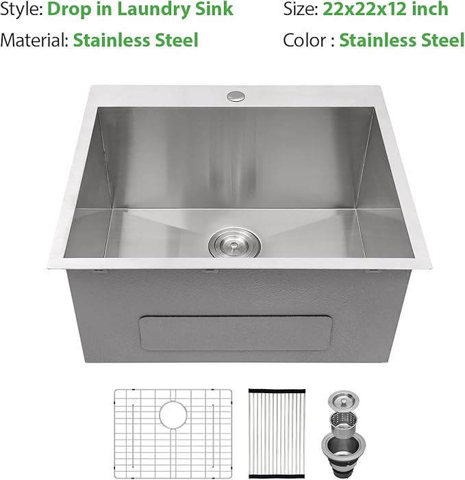 22 Inch Laundry Sink Drop In Laundry Utility Skins16 Gauge Stainless Steel Single Bowl Sink 12" Deep Single Bowl Laundry Room Sinks 22x22x12