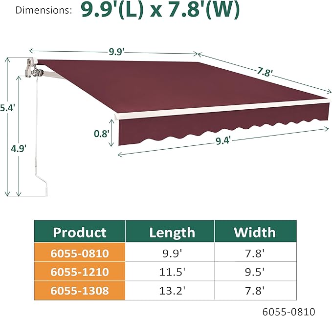MCombo 9.9x7.8 Feet Manual Retractable Patio Door Window Awning Sunshade Shelter Outdoor Canopy, 0810 (Burgundy, 9.9'(L) x 7.8'(W))