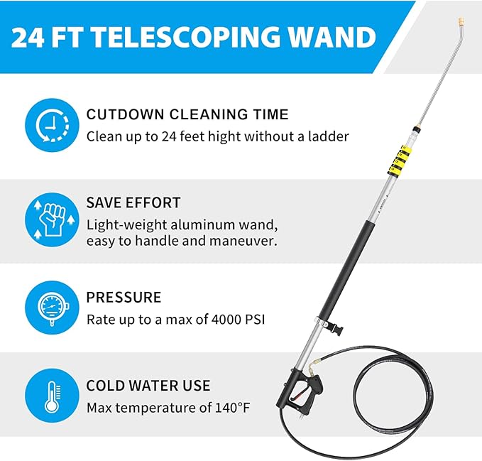 24 FT Telescoping Pressure Washer Wand Extension, Aluminum Power Washer Extension Wand with Brush Head, 5 Nozzle Tips, 2 Adapters, Support Belt, Gutter Cleaning Tools from The Ground
