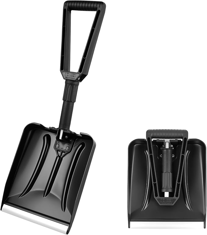 27" Bi-Folding Snow Shovel for Car, Lightweight Snow Shovel with Ergonomic Handle and Aluminum Edge, Portable and Multifunctional for Cars, Snowmobiles, Camping and Mud, Black
