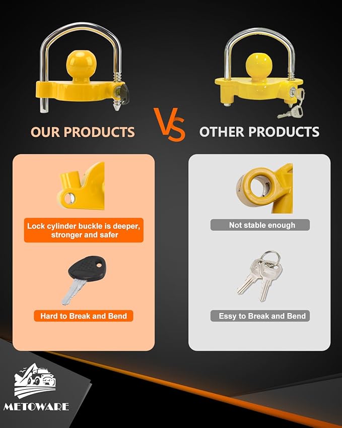 METOWARE Trailer Coupler Lock Universal Adjustable Heavy-Duty Steel Trailer Hitch Lock, Anti Theft Trailer Ball Lock Towing Lock for Towing Trailer Security Fits 1-7/8",2”, 2-5/16" Coupler Yellow